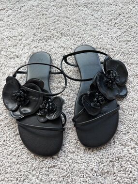 Women's  Black leather Floral Strap Sandals